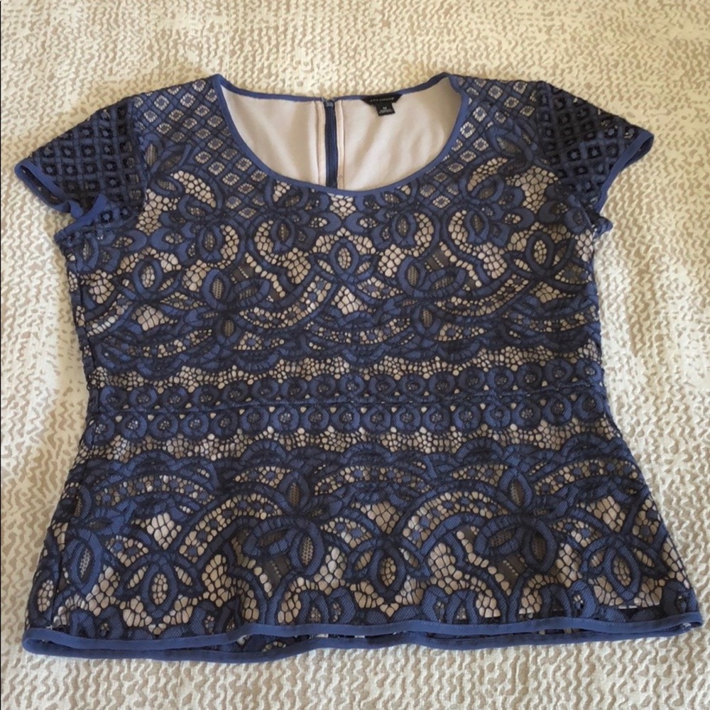 Ann Taylor Blue Lace Short Sleeved Shell Top